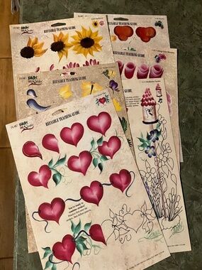 FOLK ART REUSABLE PAINTING GUIDES, HEARTS-BIRDS-BIRDHOUSES-FLOWERS-ROSES-BERRIES